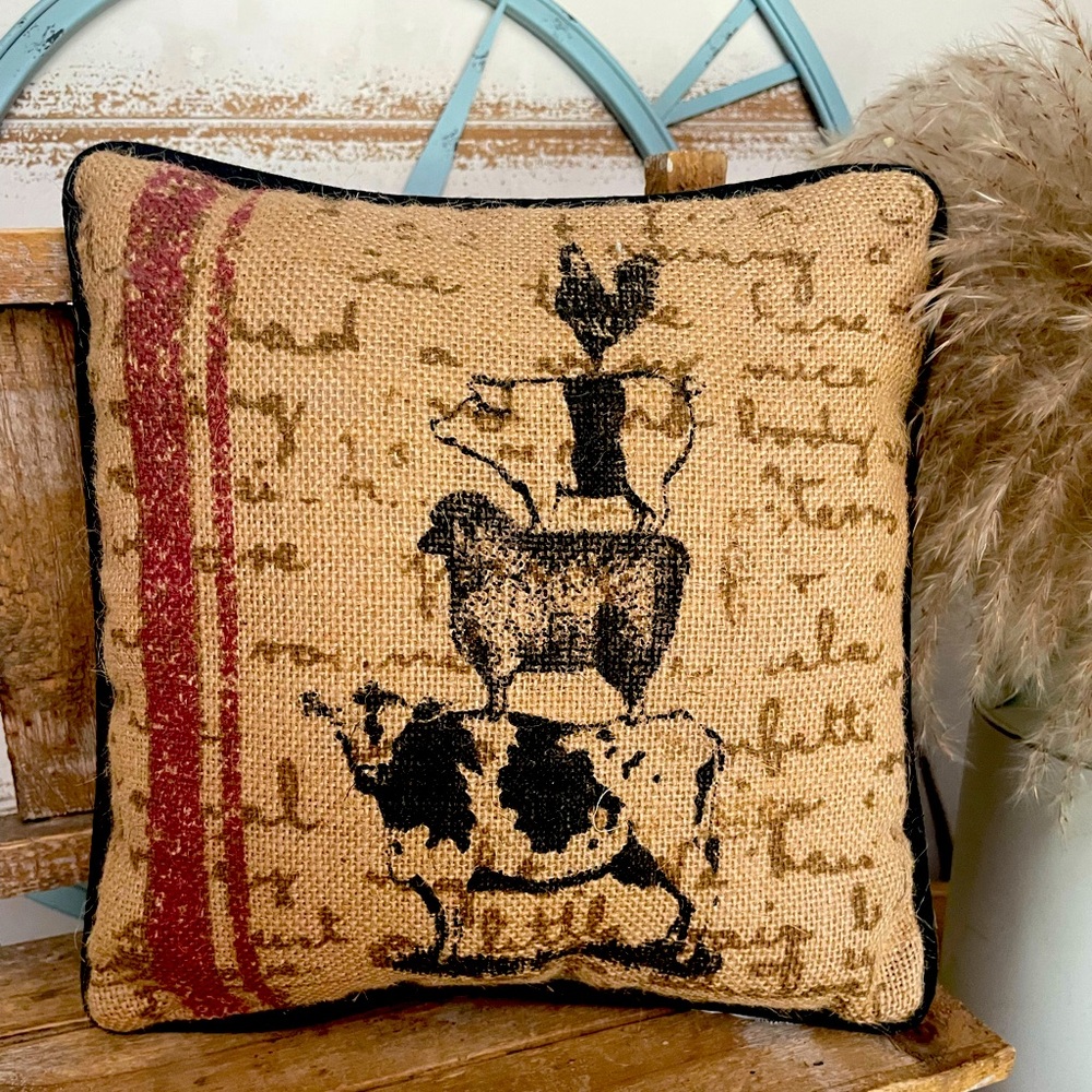 Primitive Rustic Country Farmhouse  Stacked Farm Animals Pillow 9.5” Burlap NEW